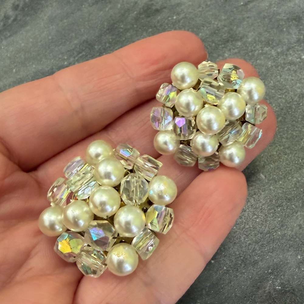 Vintage Pearl Iridescent Crystal Clip On Japan Earrings - Picture 7 of 7
